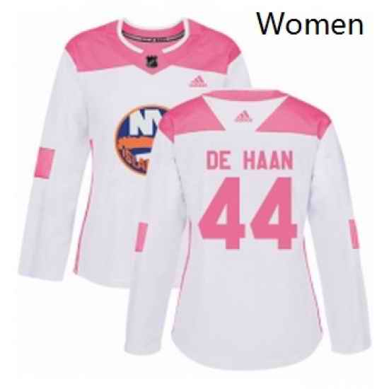 Womens Adidas New York Islanders 44 Calvin de Haan Authentic WhitePink Fashion NHL Jersey